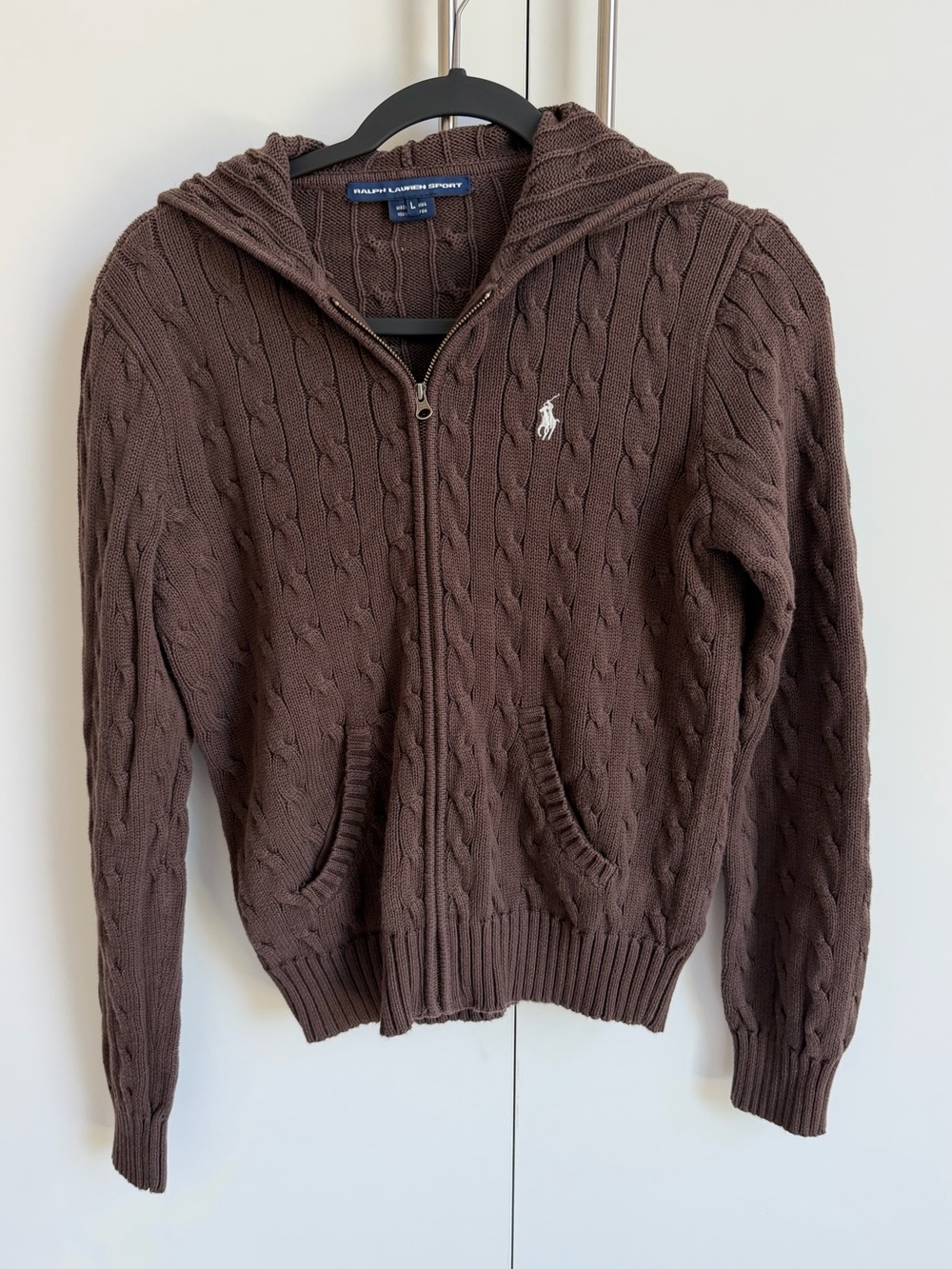 Ralph Lauren Brown Cable-Knit Zip Hoodie Sweater - Picture 2 of 11